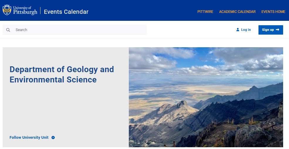 Screen capture of the landing page for the department events calendar that show an image of the Steens mountaint range.