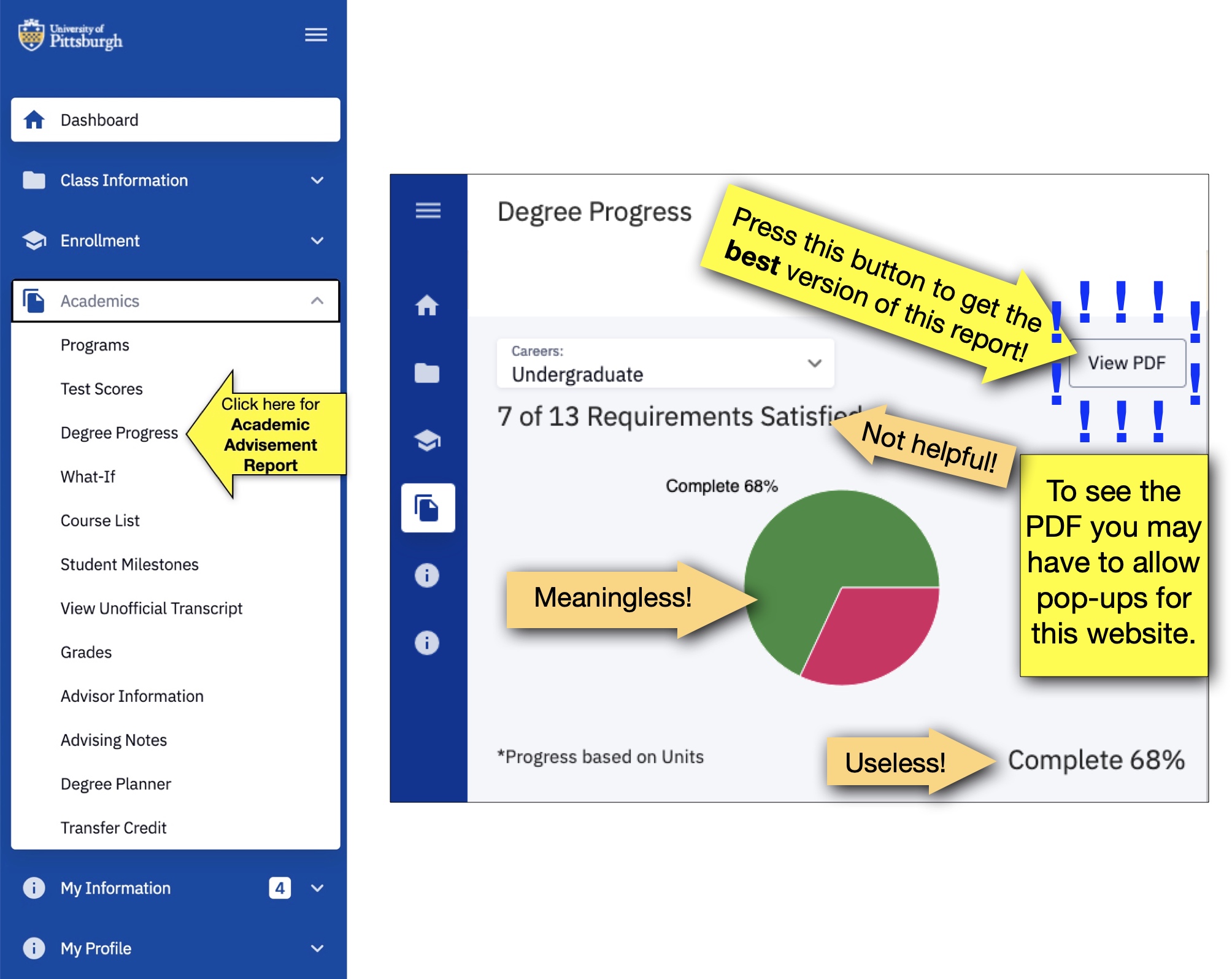 Screenshot of the HighPoint CX interface illustrating how to access your Academic Advisement Report